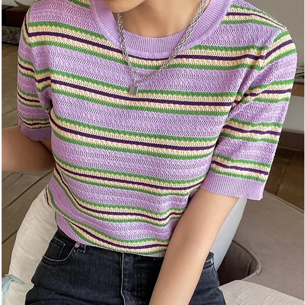 Lavender & yellow Stripe Knit Short-Sleeve Top